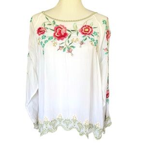 Johnny Was Reena Embroidered Floral White Tunic Blouse Boho Size XL NEW